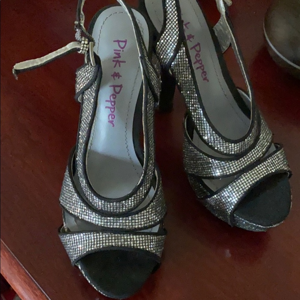 Silver and black glitter heels